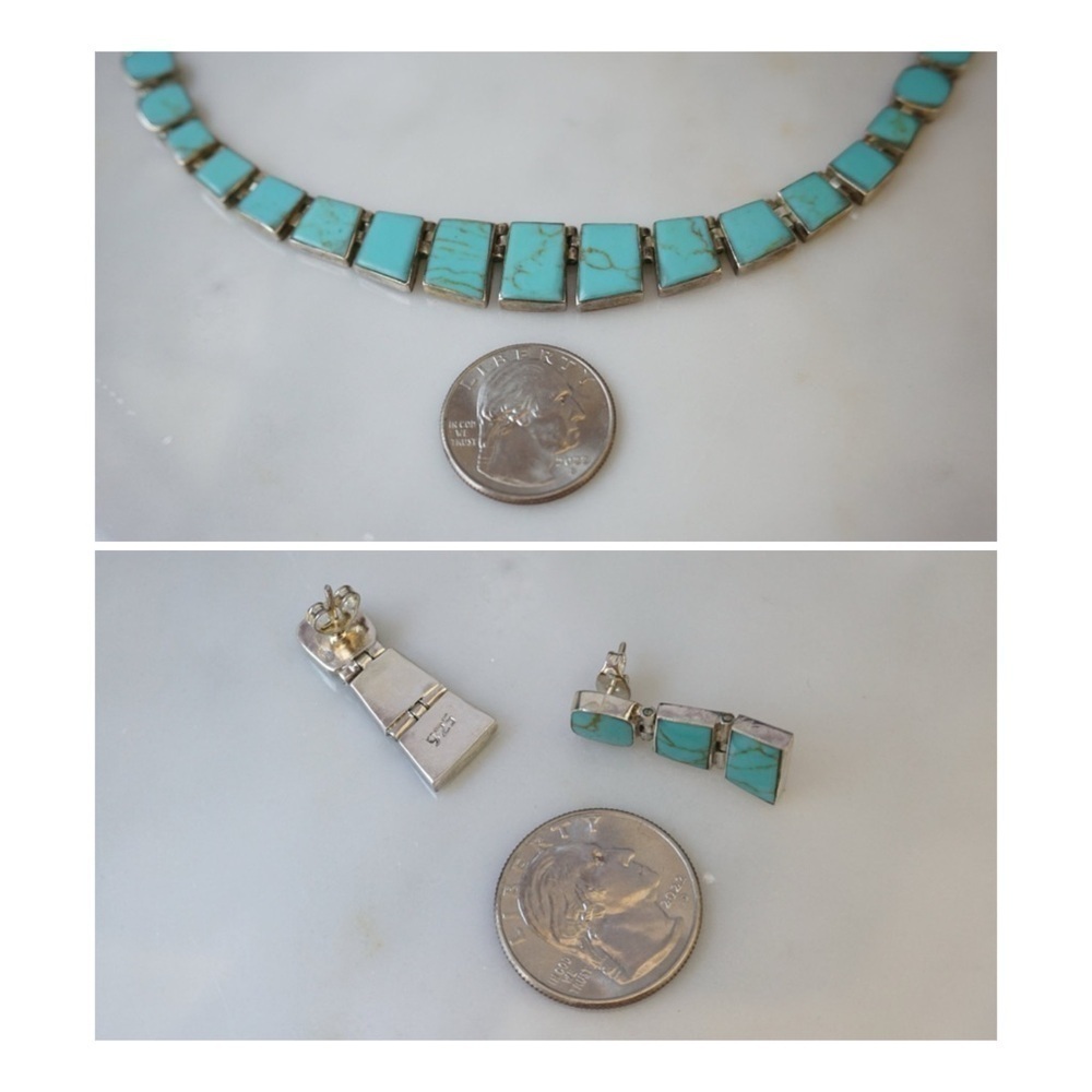 Vintage hand-cut Chilean Turquoise 925 silver earring and necklace set - Picture 4 of 10